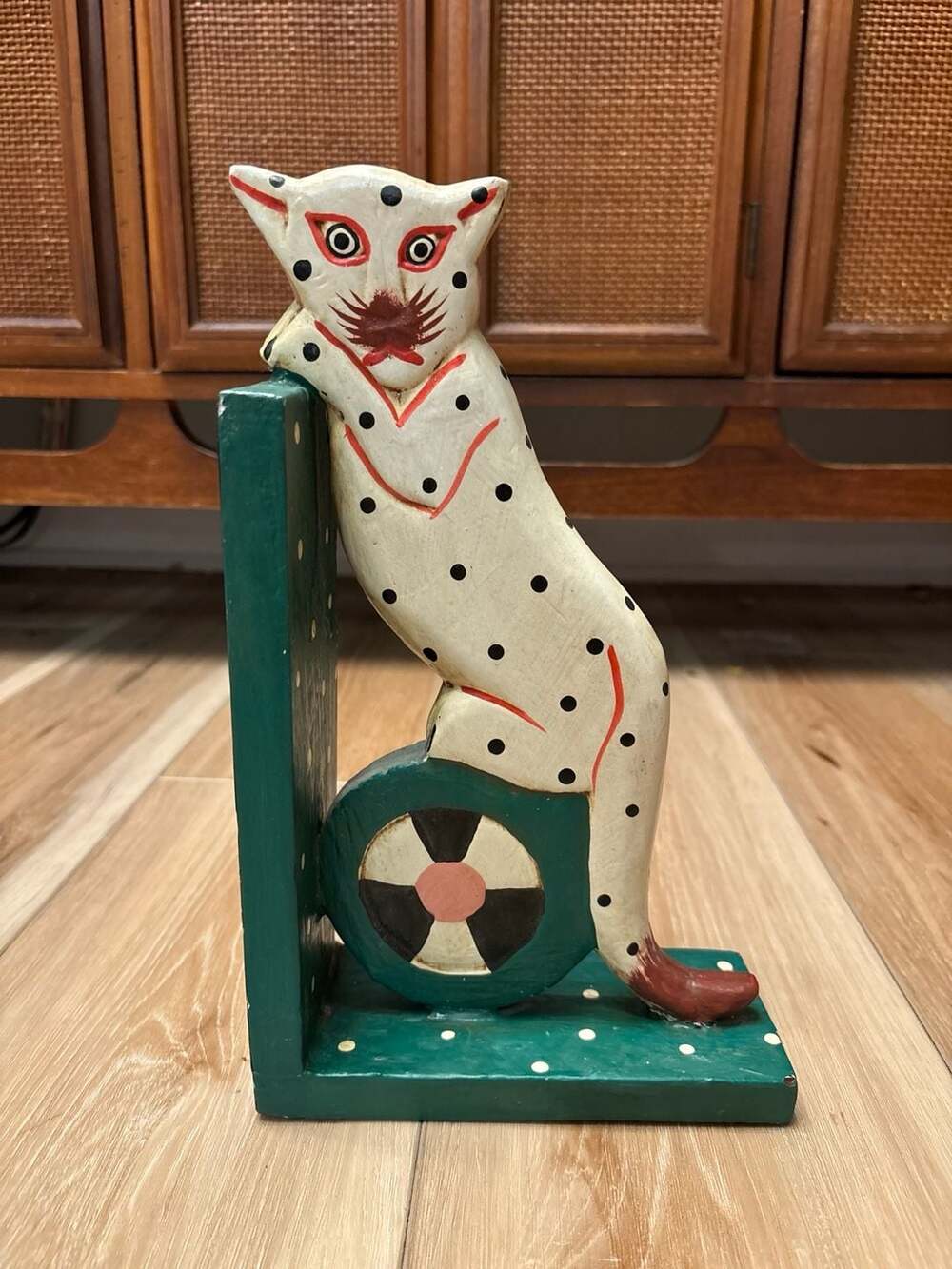 Vintage Hand Crafted Wooden Folk Art Cat Bookend Indonesia
